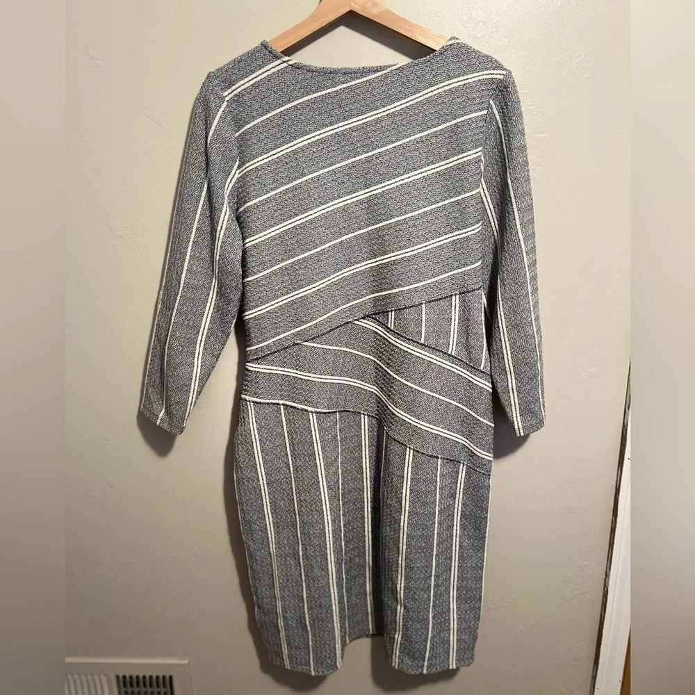 Anthropologie Maeve Striped V-neck Surplice 3/4 Sleeve Cotton Blend Dress - Picture 12 of 13